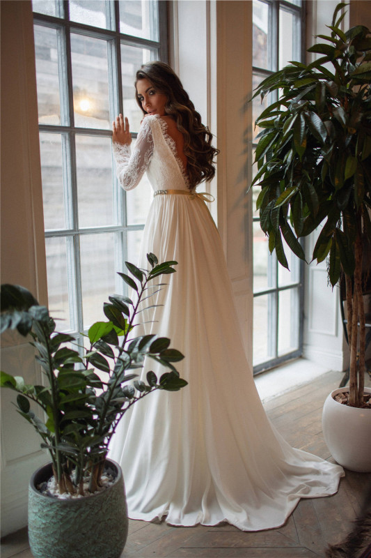 Ivory Lace Chiffon Short Train Wedding Dress Bridal Gown