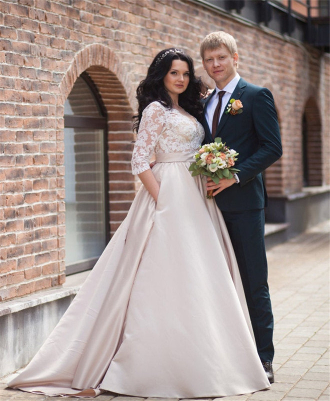 Lace Satin Short Train Wedding Dress Bridal Gown