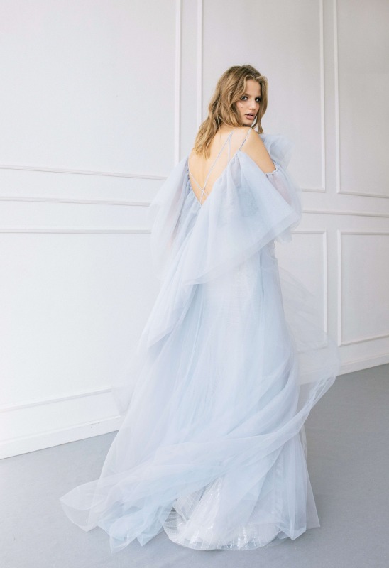 Grey Blue Tulle Wedding Dress Bridal Gown