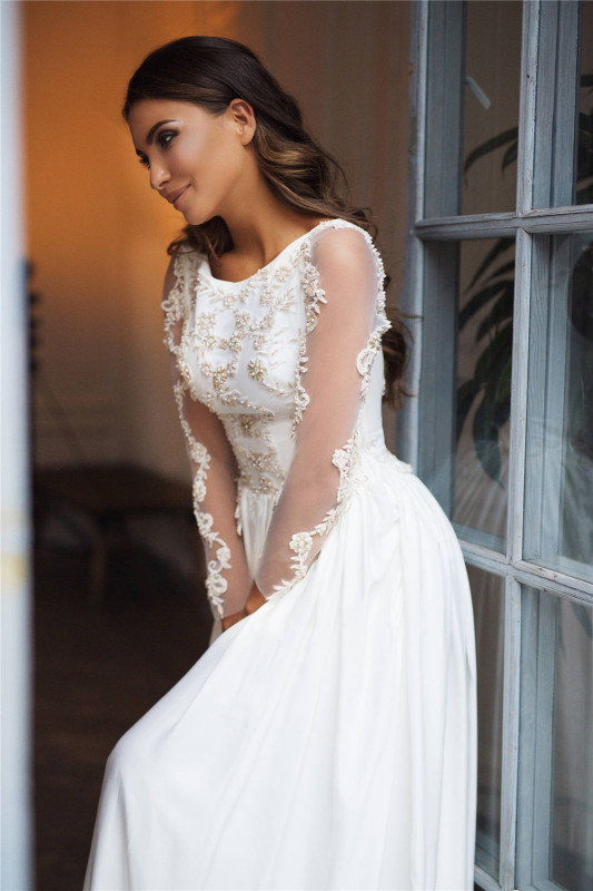 Ivory Lace Chiffon Short Train Wedding Dress Bridal Gown