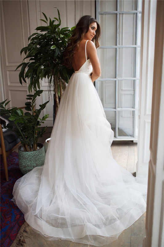 Ivory Beaded Lace Tulle Short Train Wedding Dress Bridal Gown