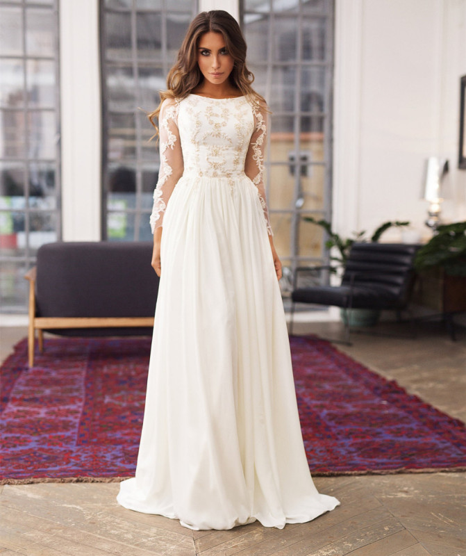 Ivory Lace Chiffon Short Train Wedding Dress Bridal Gown