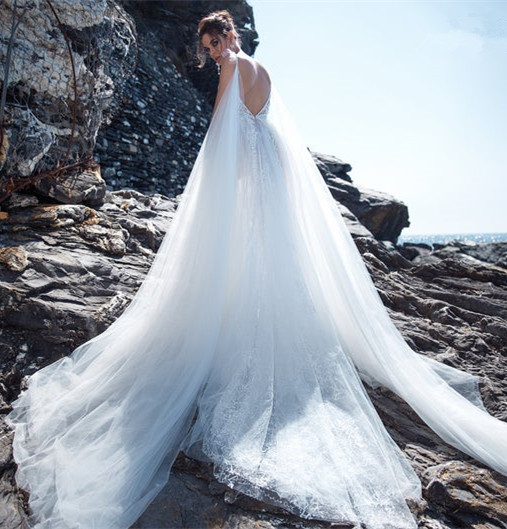 Ivory Lace Tulle Long Train Wedding Dress Bridal Gown