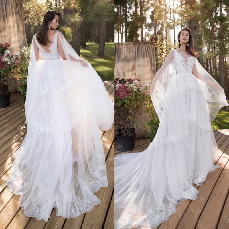 Ivory Lace Tulle Long Train Wedding Dress Bridal Gown