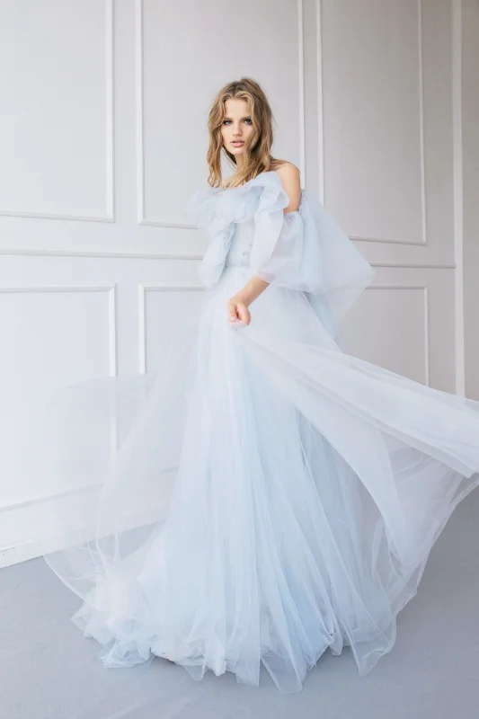 Grey Blue Tulle Wedding Dress Bridal Gown