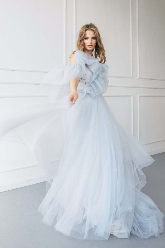 Grey Blue Tulle Wedding Dress Bridal Gown