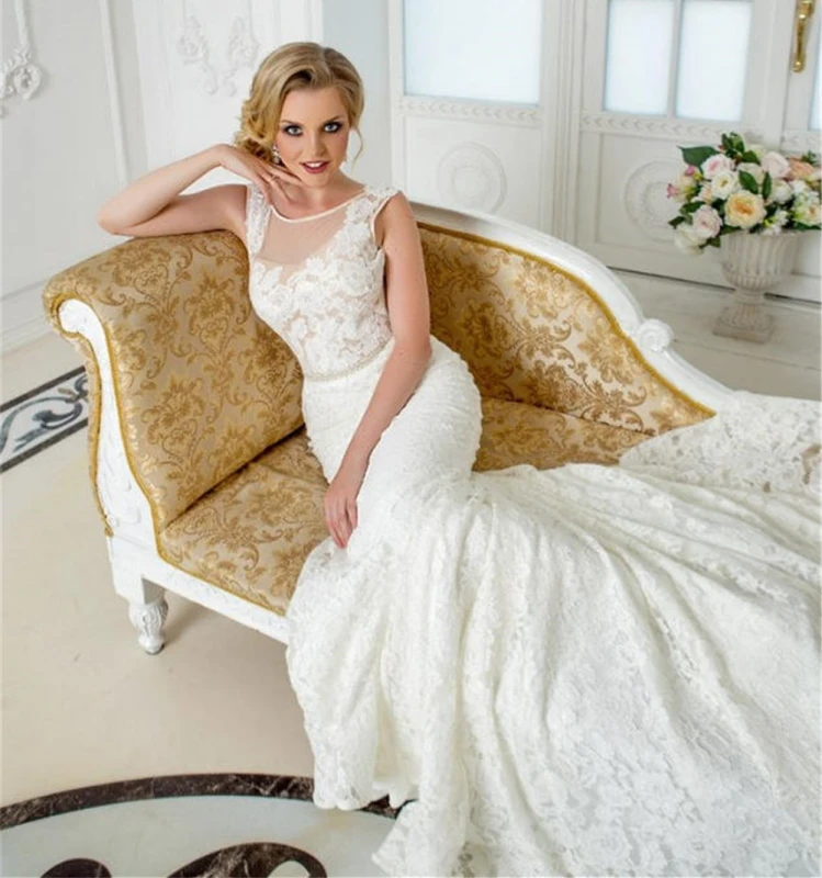 Ivory Lace Tulle Long Train Wedding Dress Bridal Gown