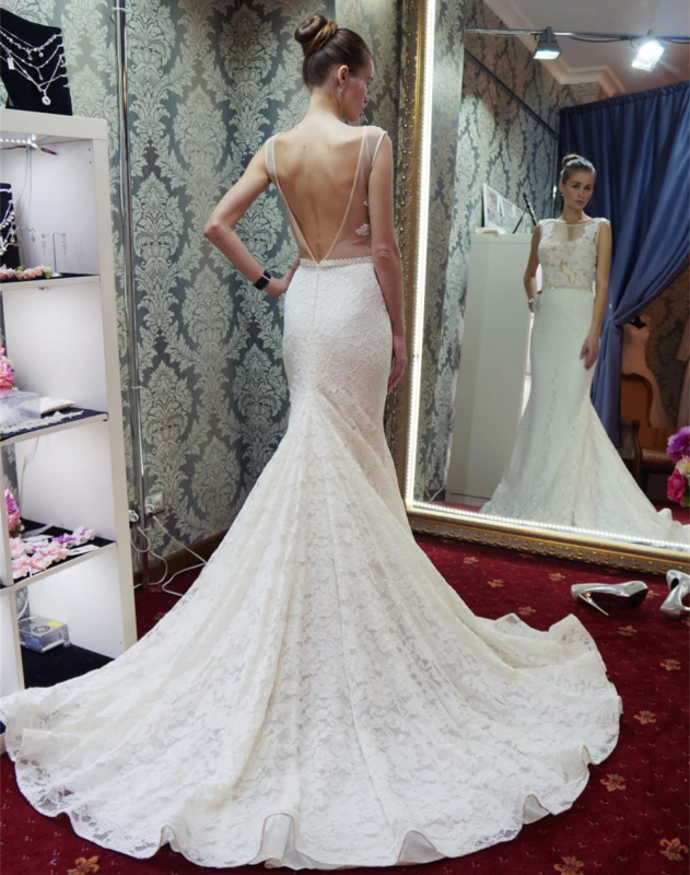 Ivory Lace Tulle Long Train Wedding Dress Bridal Gown