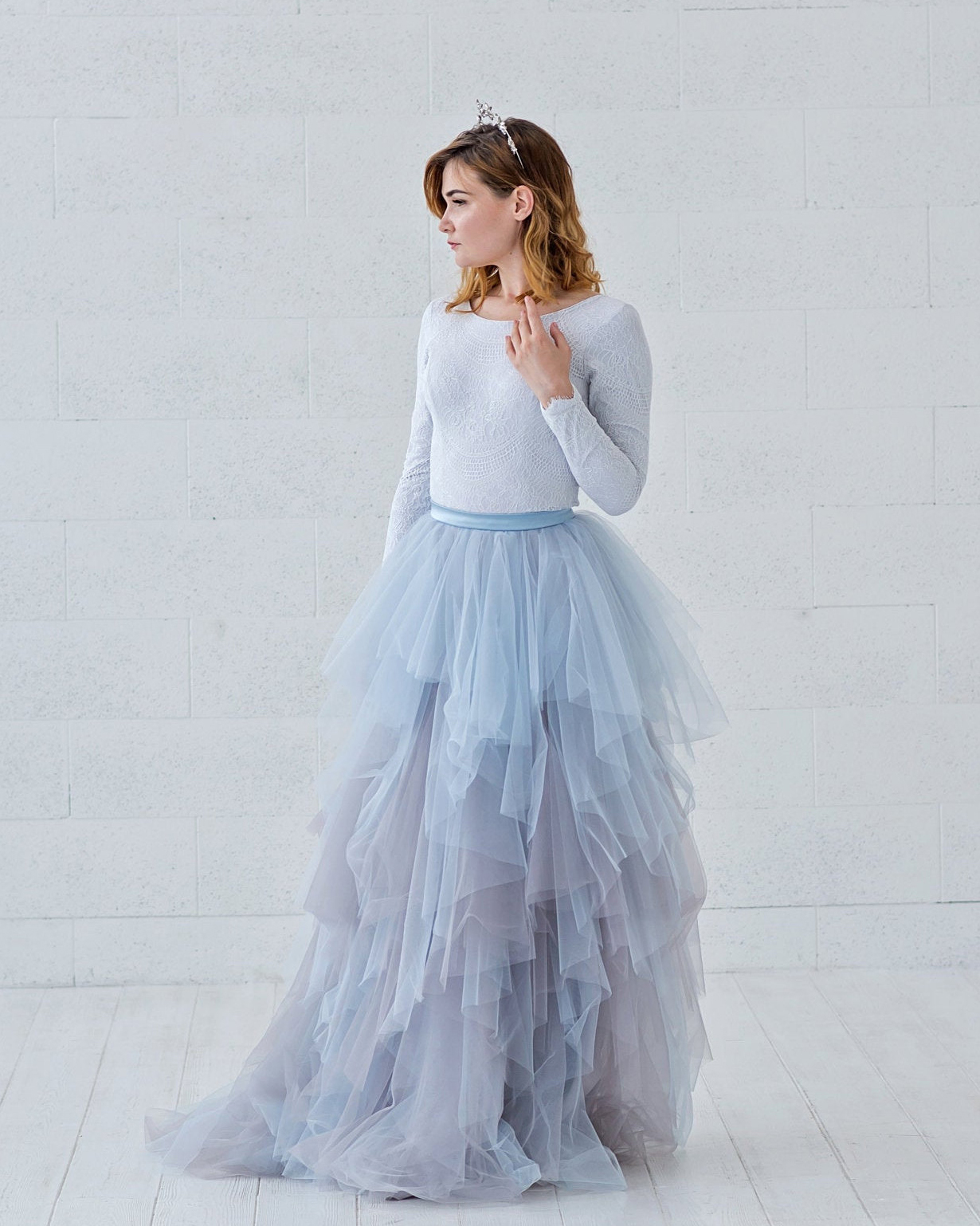 Dusty Blue Mix Color Tulle Short Train Bridal Skirt