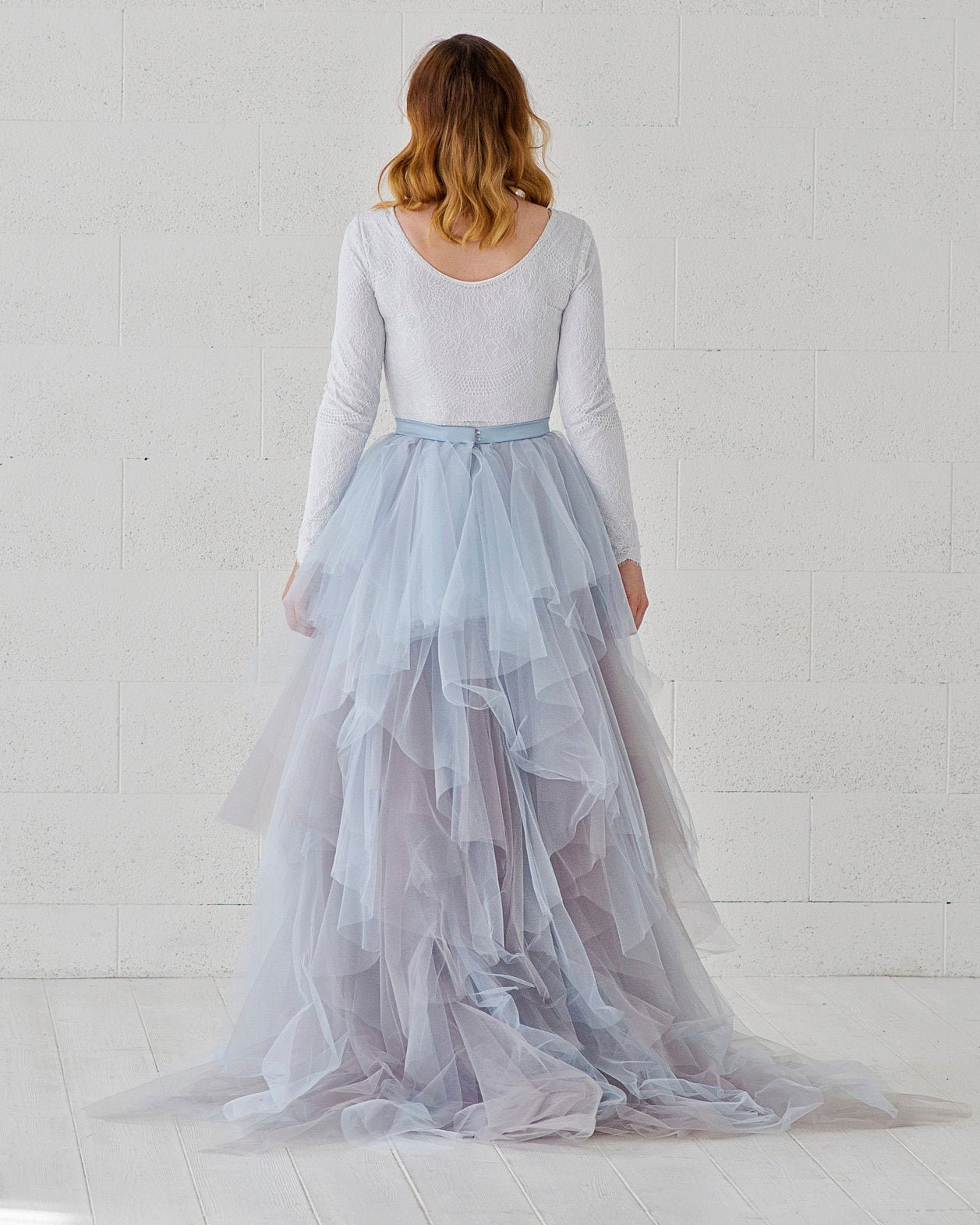 Dusty Blue Mix Color Tulle Short Train Bridal Skirt