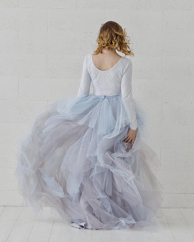 Dusty Blue Mix Color Tulle Short Train Bridal Skirt