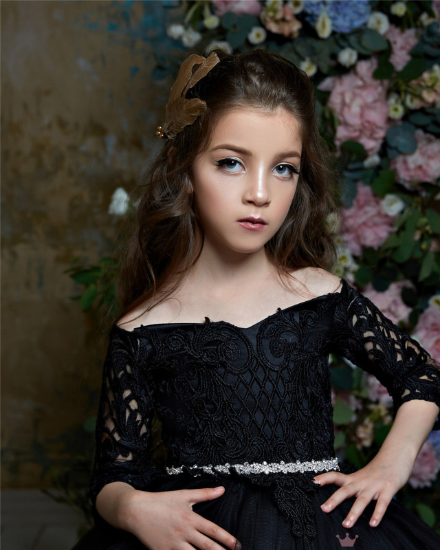 Free Shipping  Black Lace Tulle Little Girls Pageant Dress