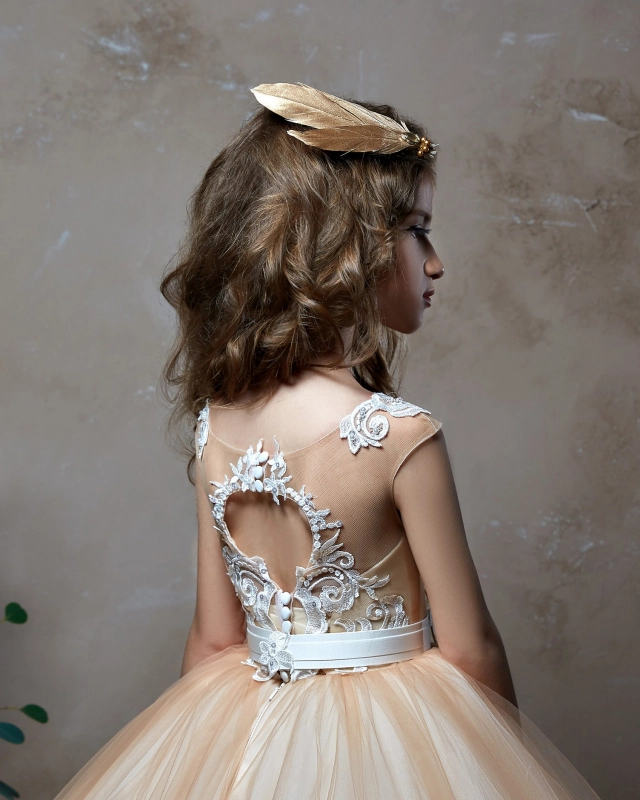 Free Shipping Dark Champagne Lace Tulle Girls Pageant Dress