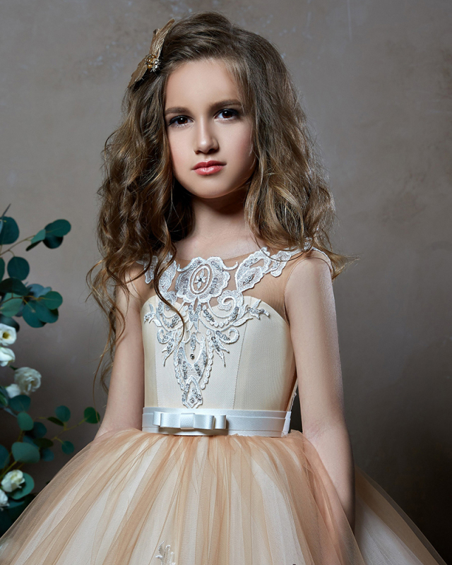 Free Shipping Dark Champagne Lace Tulle Girls Pageant Dress