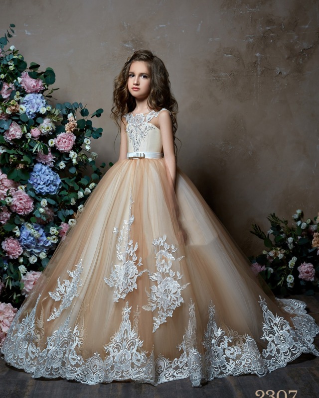 Free Shipping Dark Champagne Lace Tulle Girls Pageant Dress