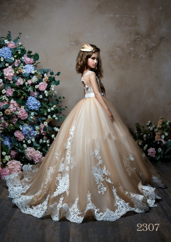 Free Shipping Dark Champagne Lace Tulle Girls Pageant Dress