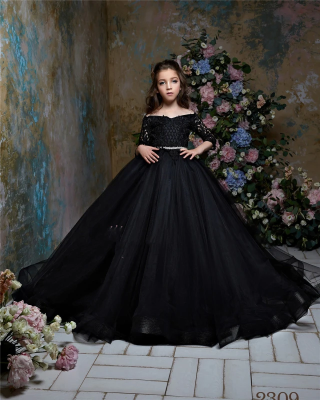 Free Shipping  Black Lace Tulle Little Girls Pageant Dress