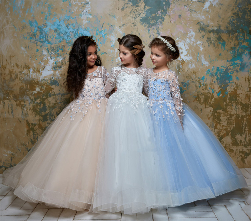 Free Shipping Long Sleeve  Lace Tulle Little Girls Pageant Dress Flower Girl Dress