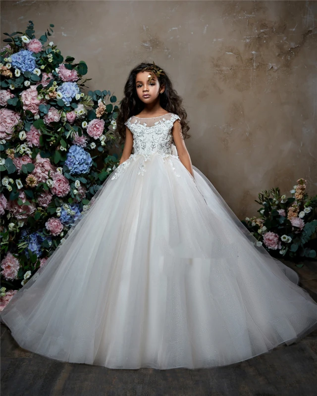 Free Shipping Ivory Lace Tulle Little Girls Pageant Dress Flower Girl Dress