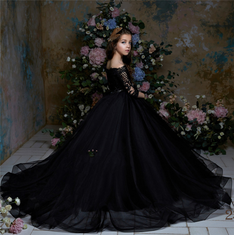 Free Shipping  Black Lace Tulle Little Girls Pageant Dress