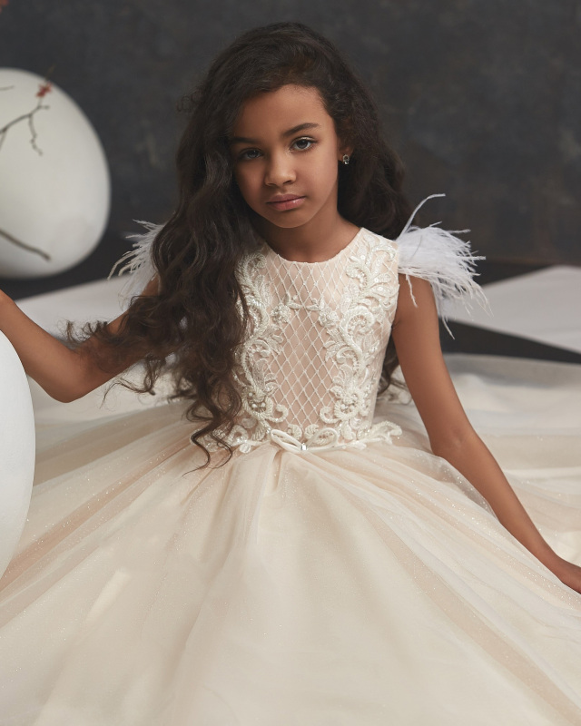 Champagne Lace Satin  Little Girls Pageant Dress Free Shipping