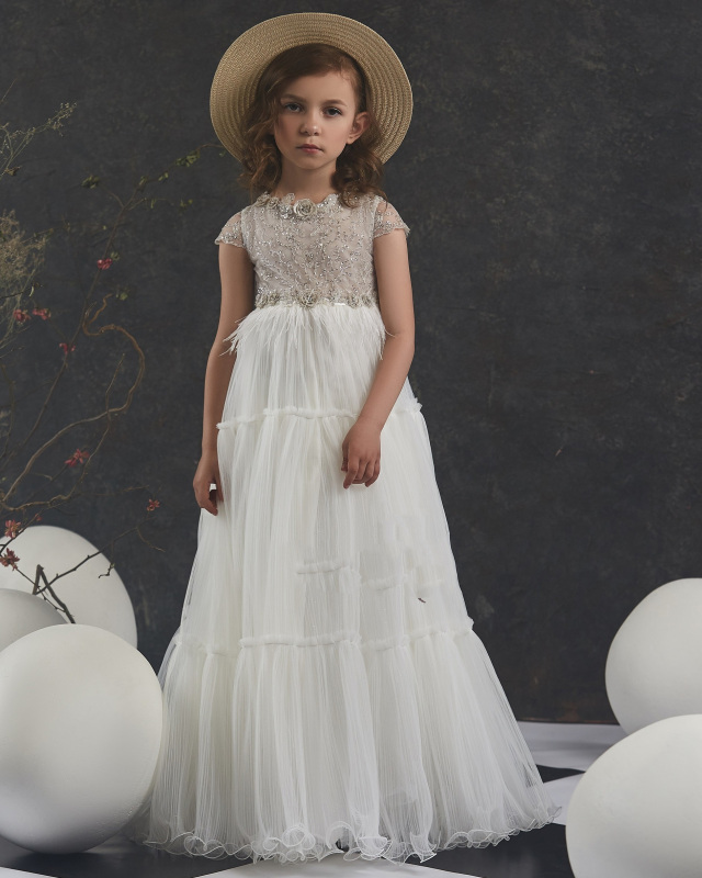 Ivory  Lace Tulle Short Train  Little Girls Pageant Dress Free Shipping