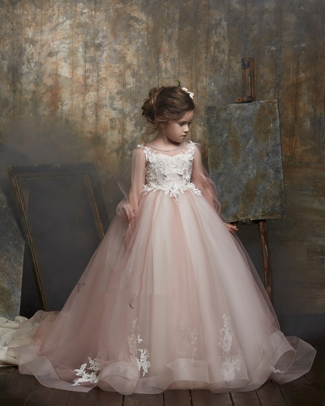 Free Shipping Mauve Long  Sleeve  Lace Tulle  Little Girls Pageant Dress
