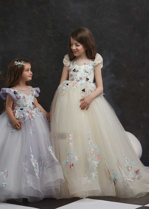 Free Shipping Cap Sleeve  Lace Tulle Little Girls Pageant Dress Flower Girl Dress