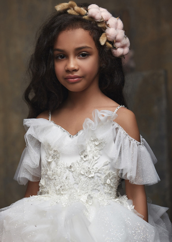 Ivory Blush Lace Organza Short Train  Little Girls Pageant Dress Free Shipping