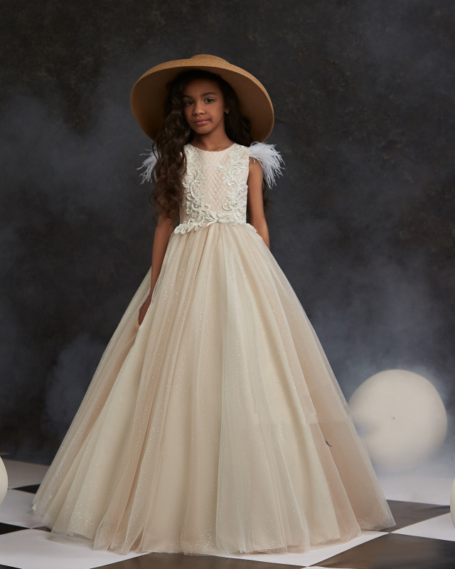 Champagne Lace Satin  Little Girls Pageant Dress Free Shipping