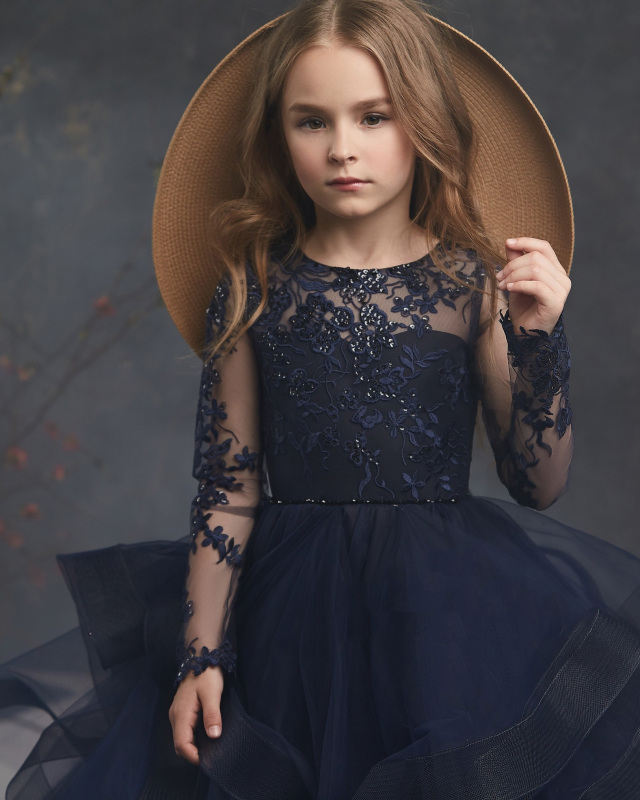 Free Shipping Navy Blue  Long Sleeve  Lace Satin Little Girls Pageant Dress