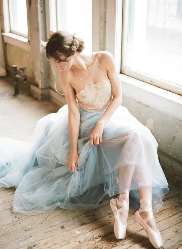 Dusty Blue Tulle Wedding Skirt 2 Pieces Wedding Dress