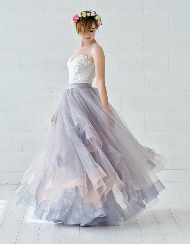 Dusty Blue Tulle Wedding Skirt 2 Pieces Wedding Dress