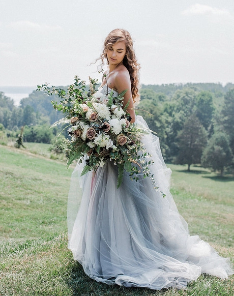 Dusty Blue Tulle Short Train Wedding Lace Up Wedding Dress