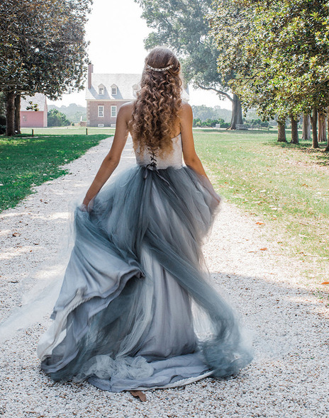 Dusty Blue Tulle Short Train Wedding Lace Up Wedding Dress