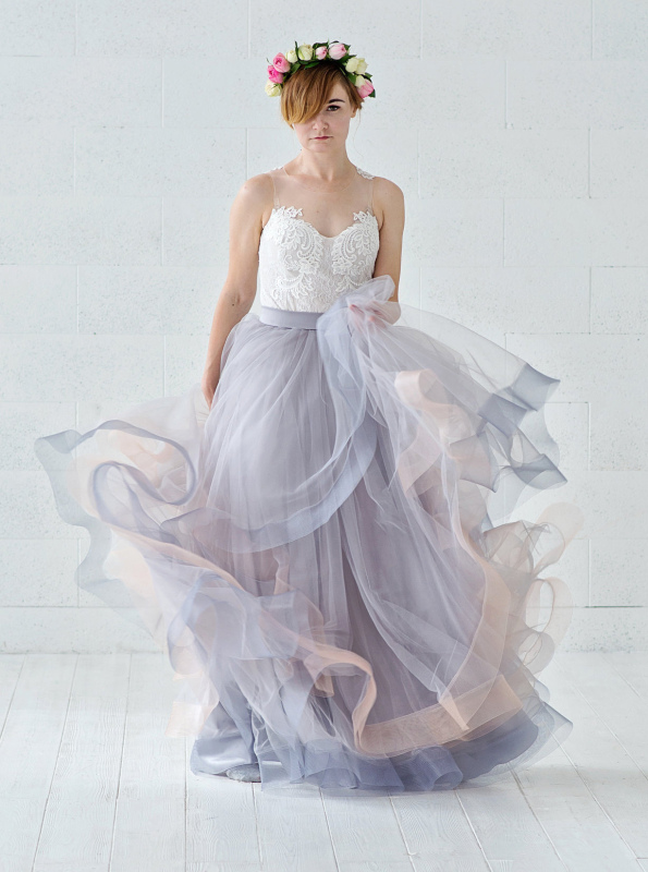 Dusty Blue Tulle Wedding Skirt 2 Pieces Wedding Dress