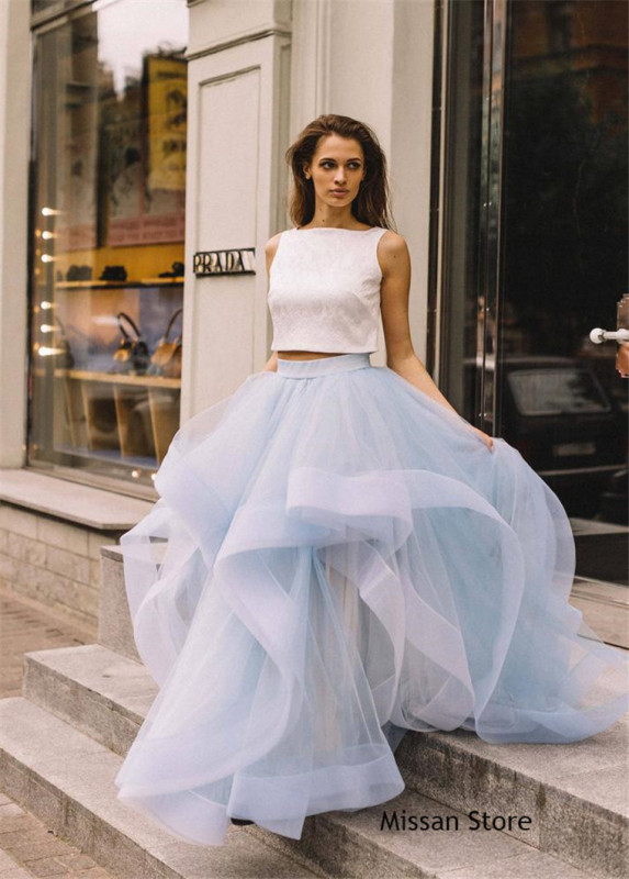 Light Blue Tulle Wedding Skirt 2 Pieces Wedding Dress