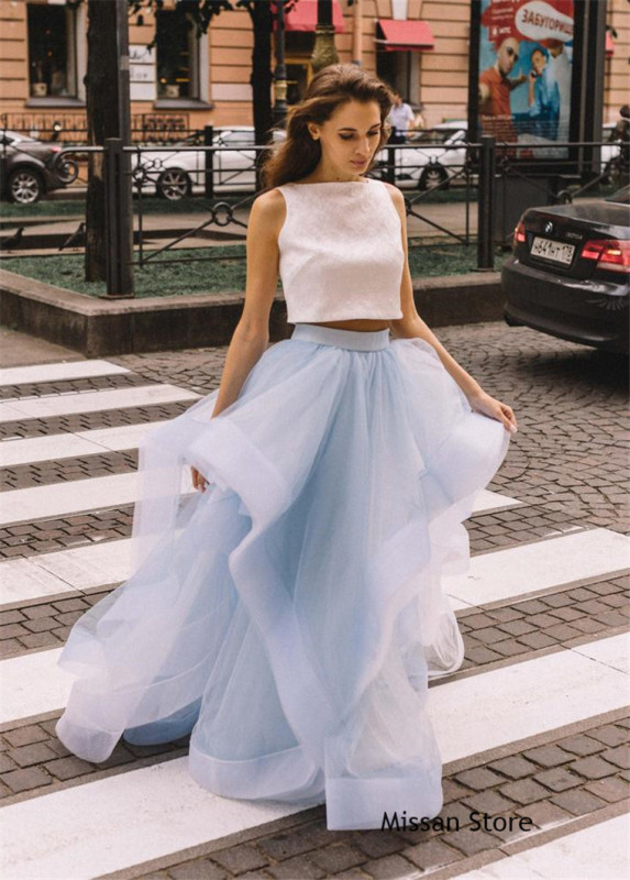 Light Blue Tulle Wedding Skirt 2 Pieces Wedding Dress