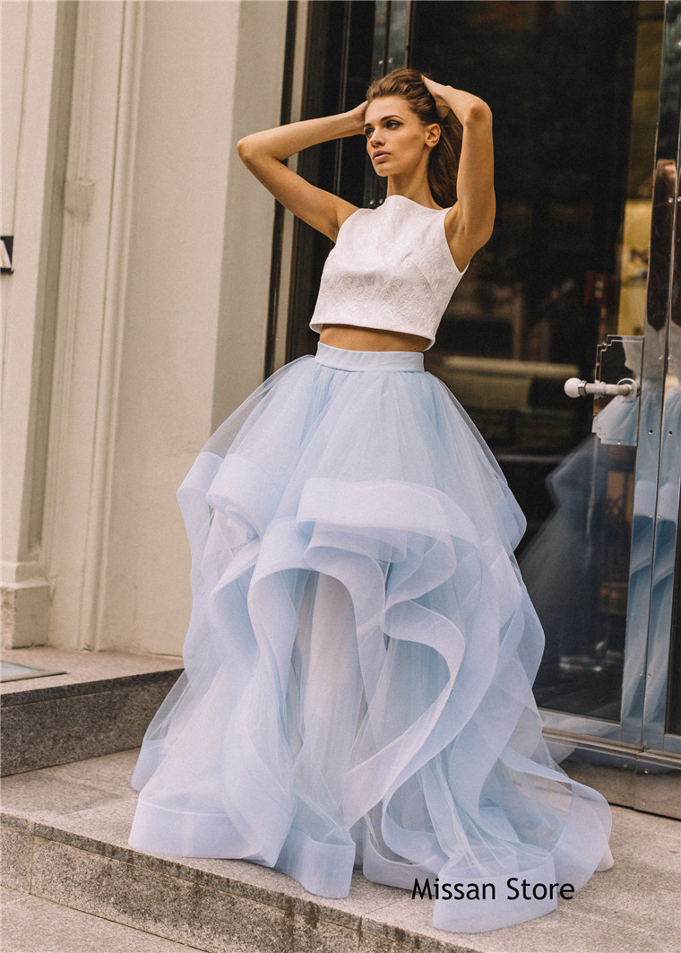 Light Blue Tulle Wedding Skirt 2 Pieces Wedding Dress