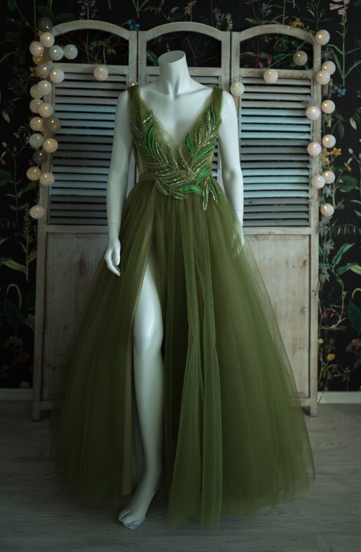 Dark Green Tulle Beaded Sexy Prom Dress
