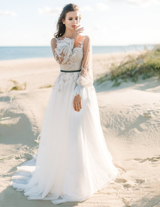 Ivory Lace Long Sleeve Short Train Wedding Gown