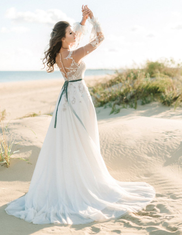 Ivory Lace Long Sleeve Short Train Wedding Gown