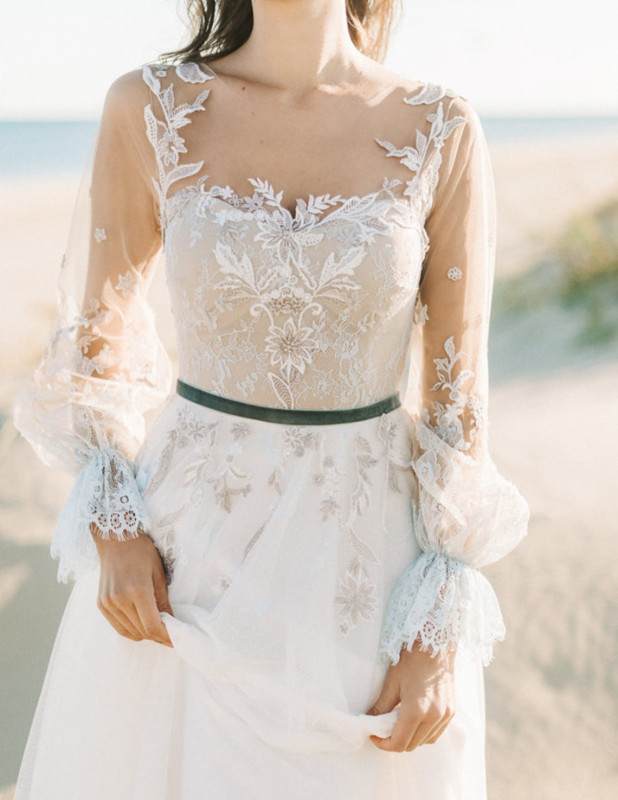 Ivory Lace Long Sleeve Short Train Wedding Gown