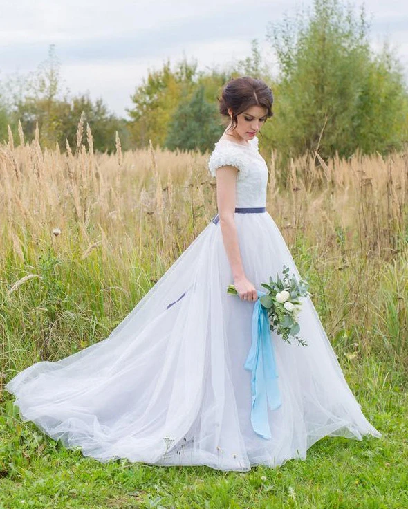 Light Grey Skirt Ivory Top Tulle Lace  Bridal Dress