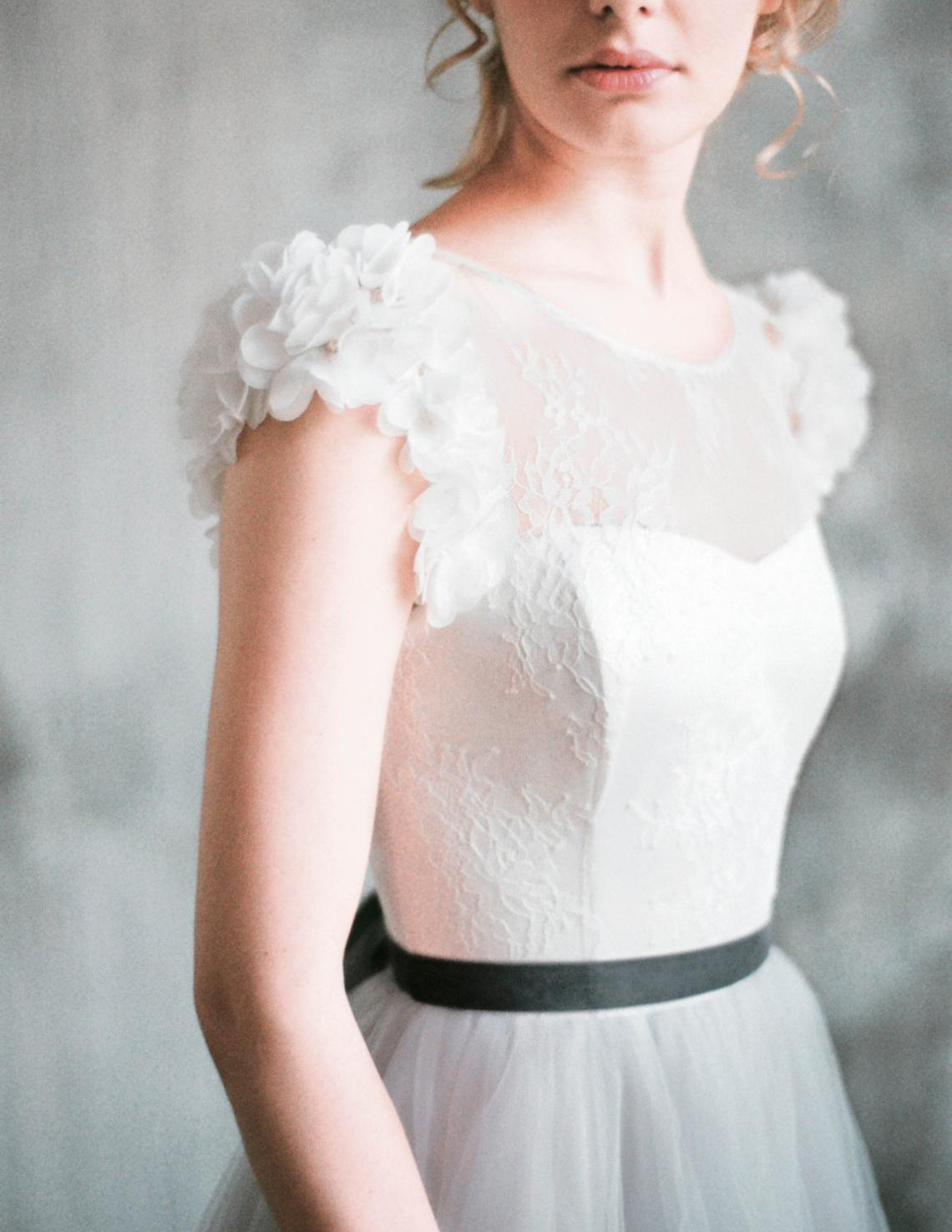 Light Grey Skirt Ivory Top Tulle Lace  Bridal Dress