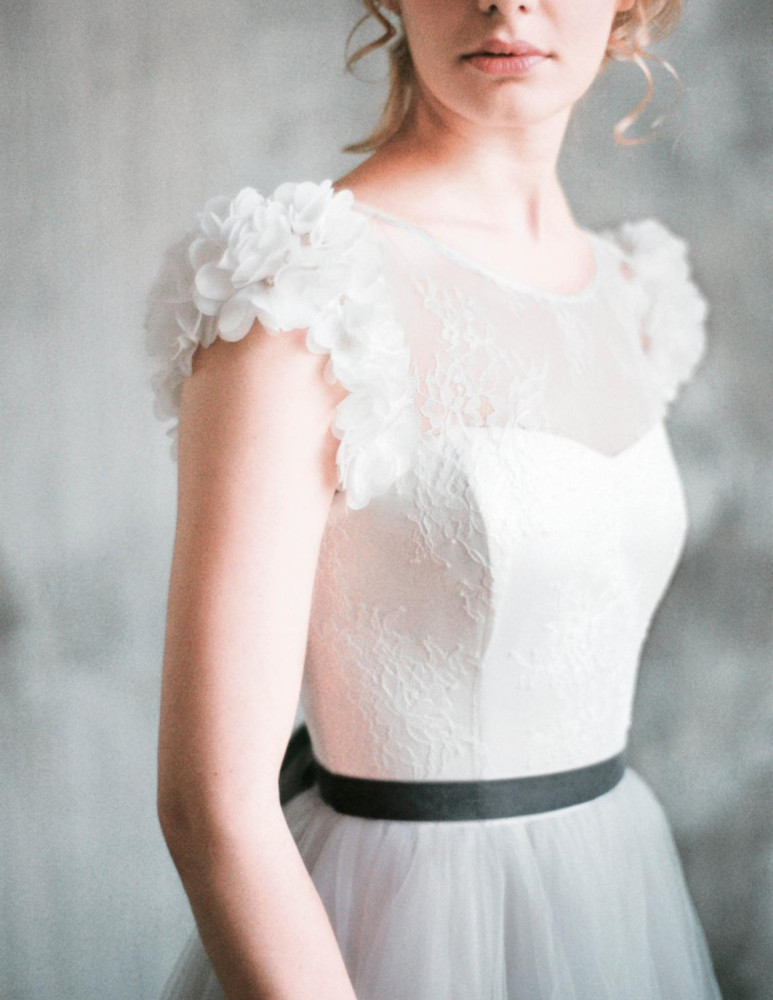 Light Grey Skirt Ivory Top Tulle Lace  Bridal Dress