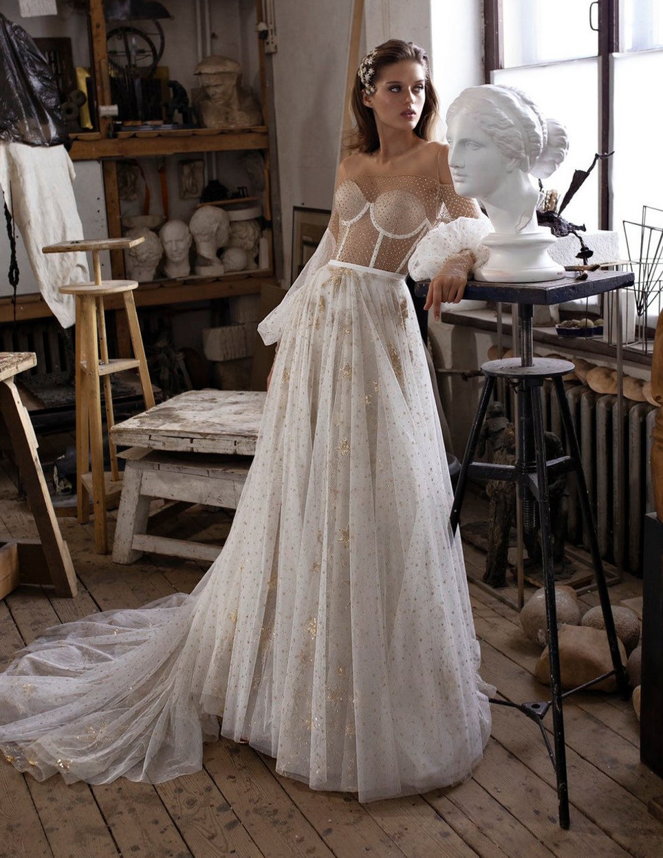 Sparkle Tulle Skirt Pokla Dots Lace 2 Pieces Wedding Dress