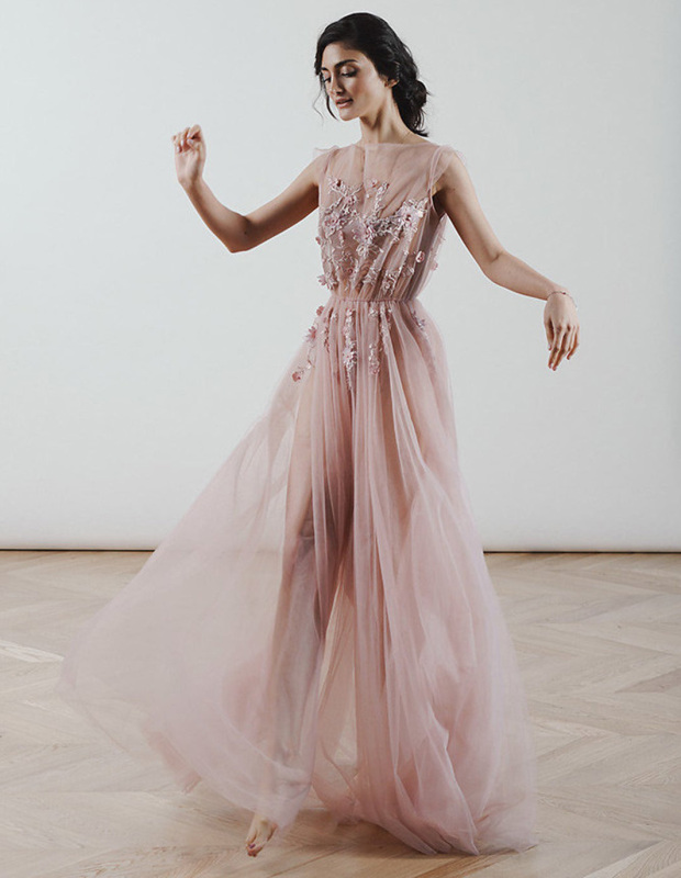 Mauve Tulle Floral Sexy Prom Dress