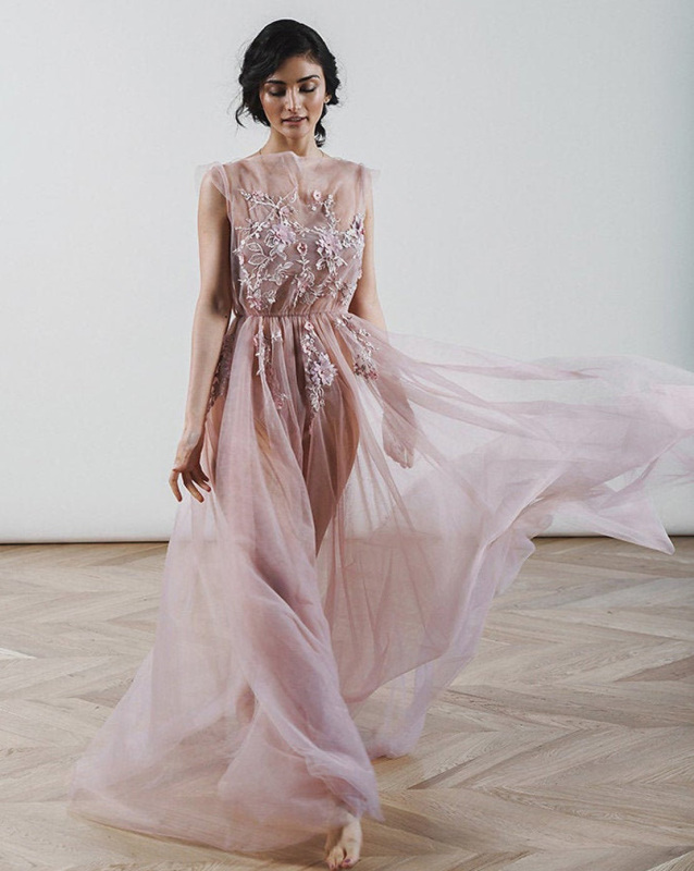 Mauve Tulle Floral Sexy Prom Dress