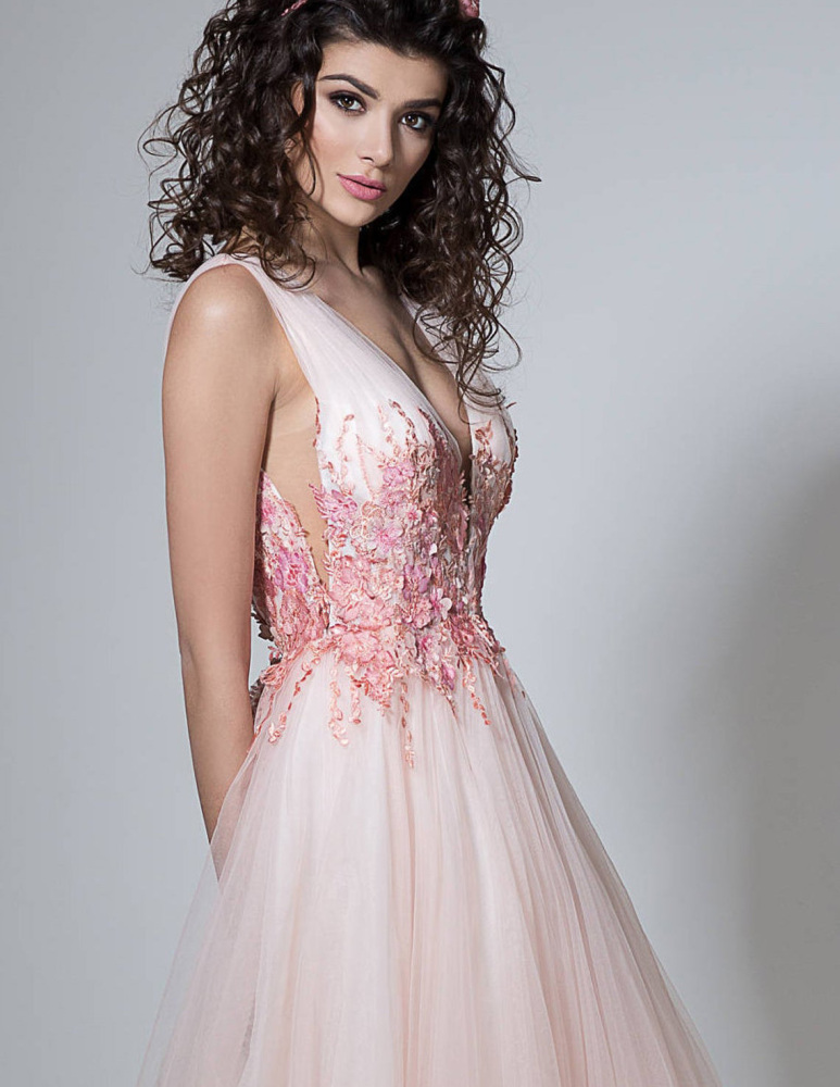 V Neck Floral Sexy Prom Dress